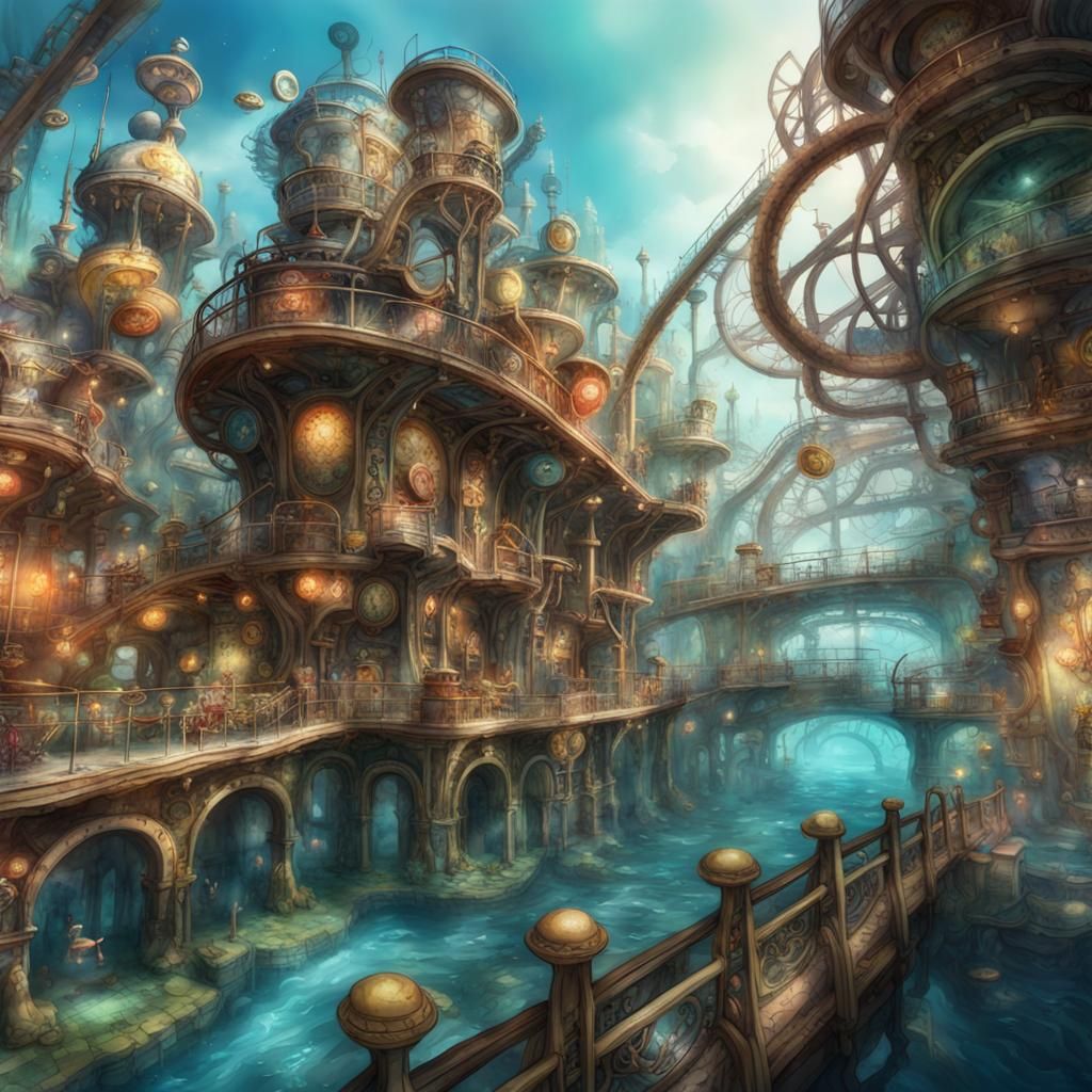 Colorful Steampunk Underwater Theme Park in Watercolor Style