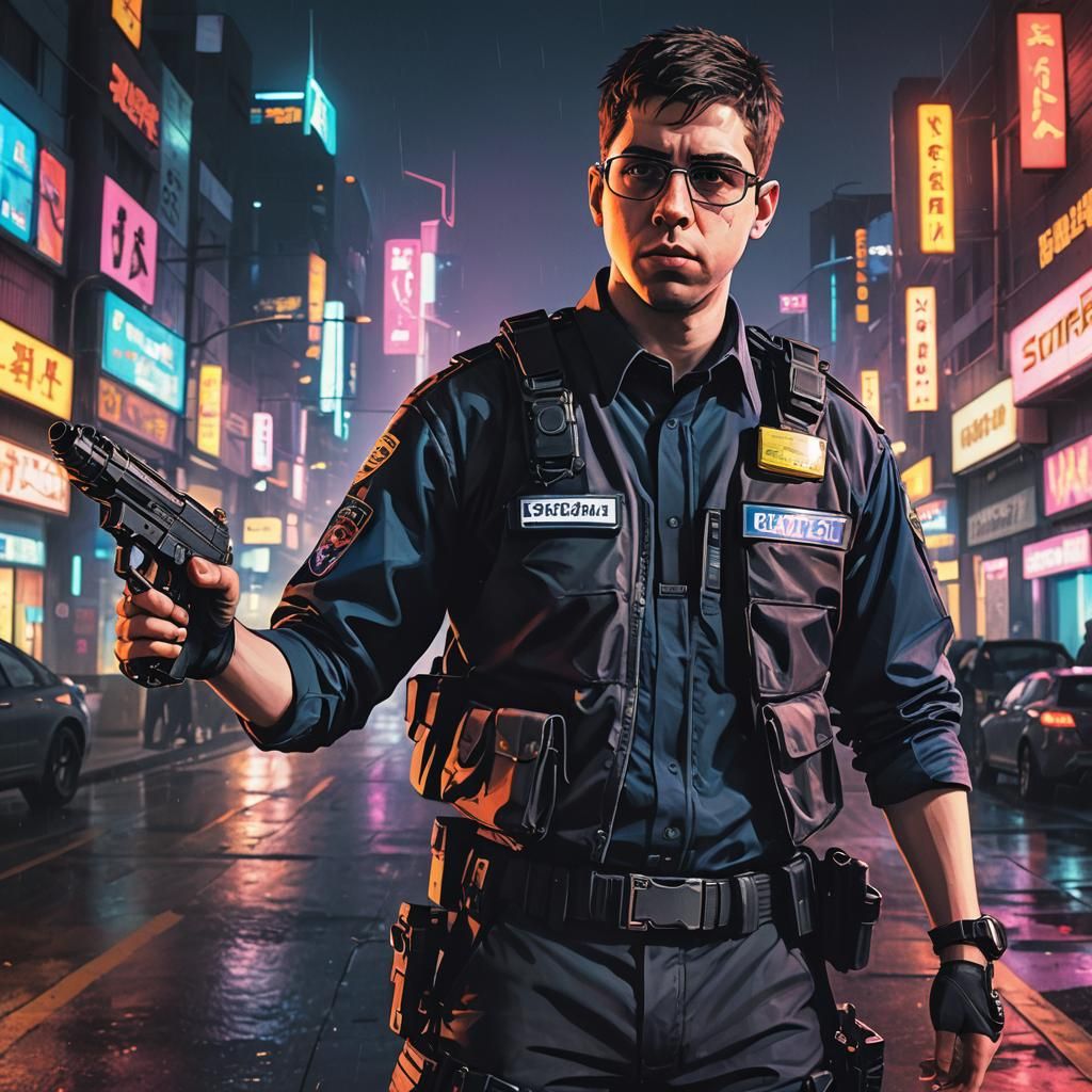 Cyberpunk Cop Points Gun in Neon City