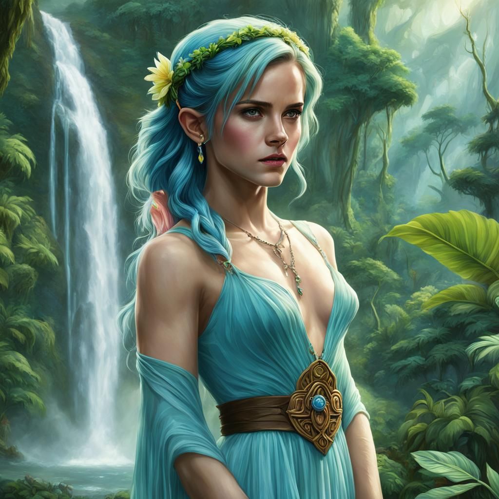 Elven princess in a jungle near a waterfall (Emma Watson)