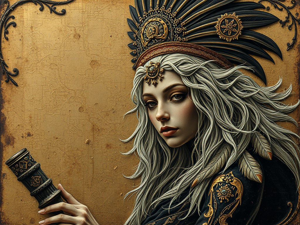 Feathered Crone in Vintage Embossed Tinplate Style