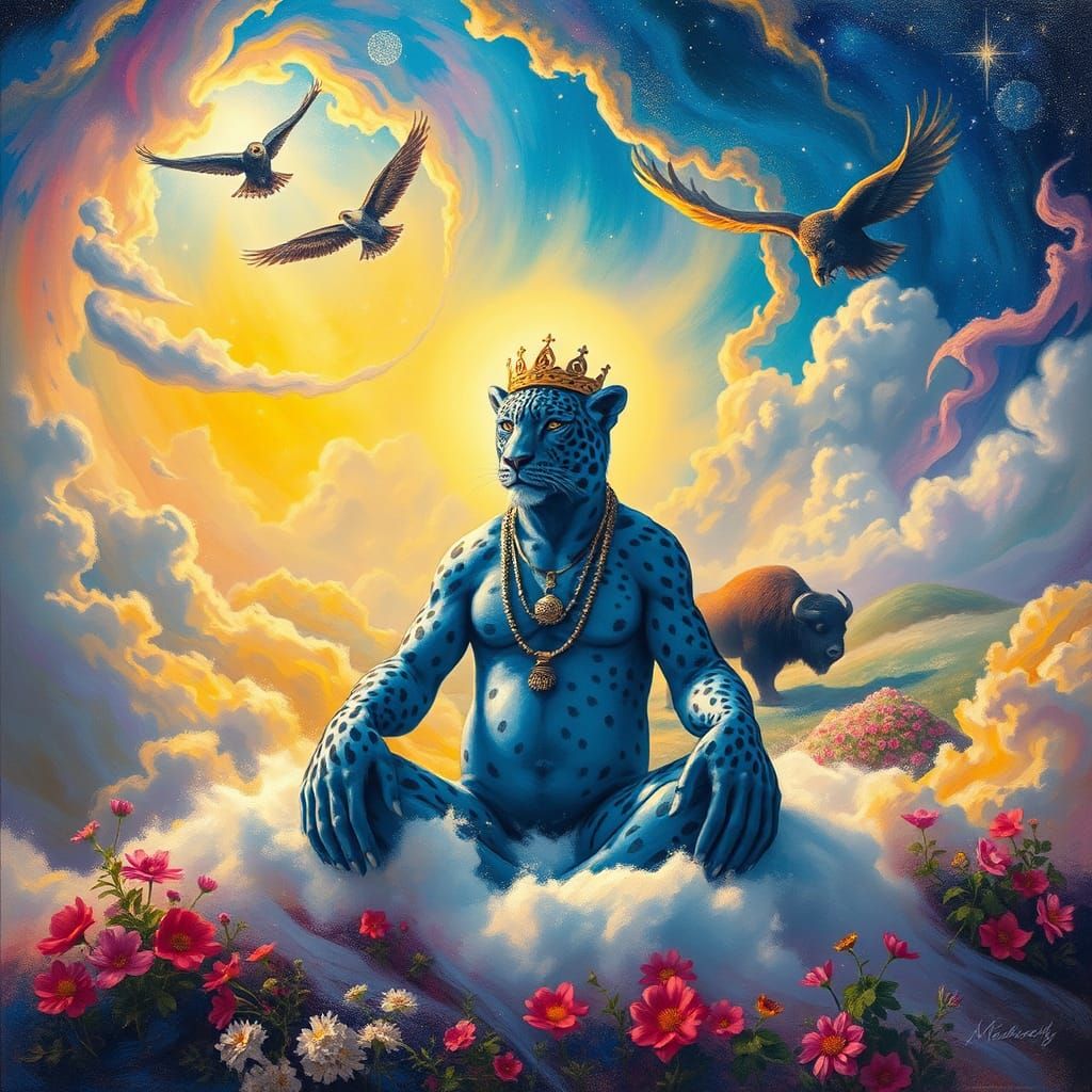 Blue Leopard King in Surreal Ethereal Dreamscape