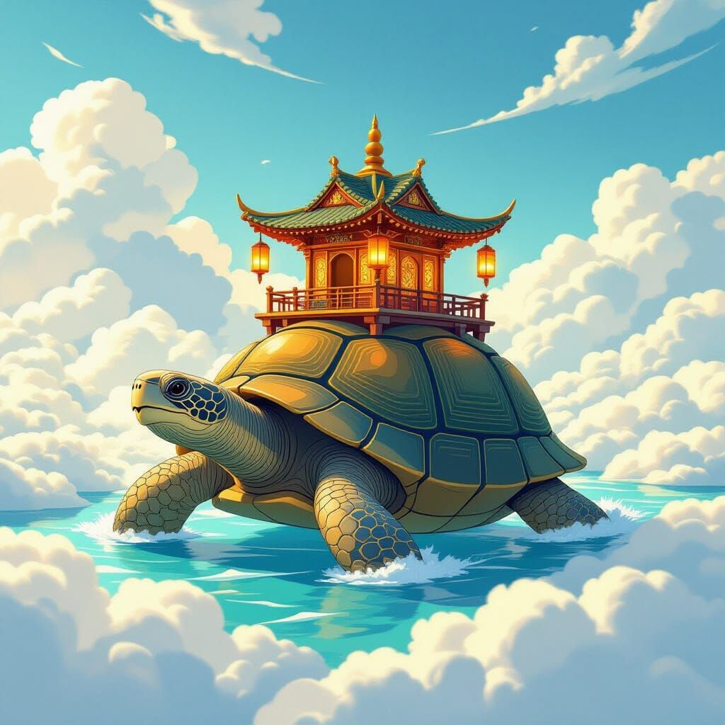 Fantastical Temple atop Giant Tortoise in Dreamlike Clouds