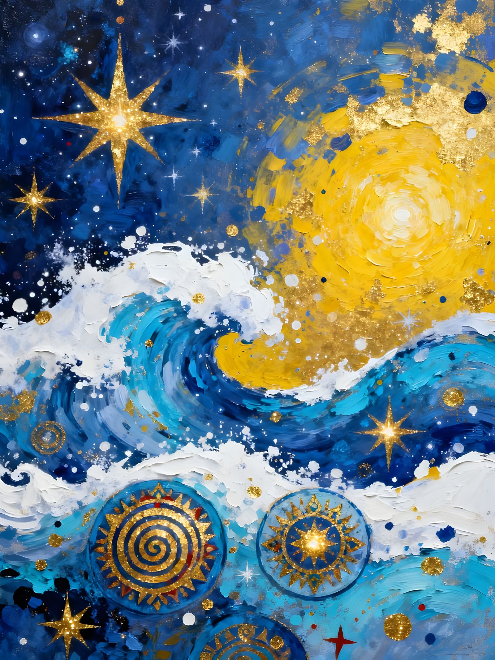 Ukrainian Heritage Abstract Art: Cosmic Waves of Blue and Go...