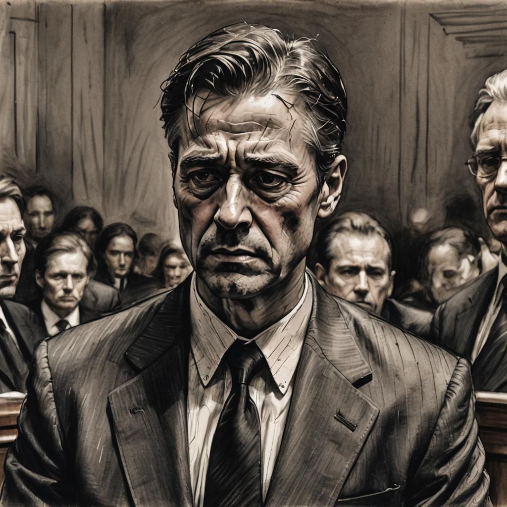 Dramatic Charcoal Drawing: Lawyer Triumphs in Court