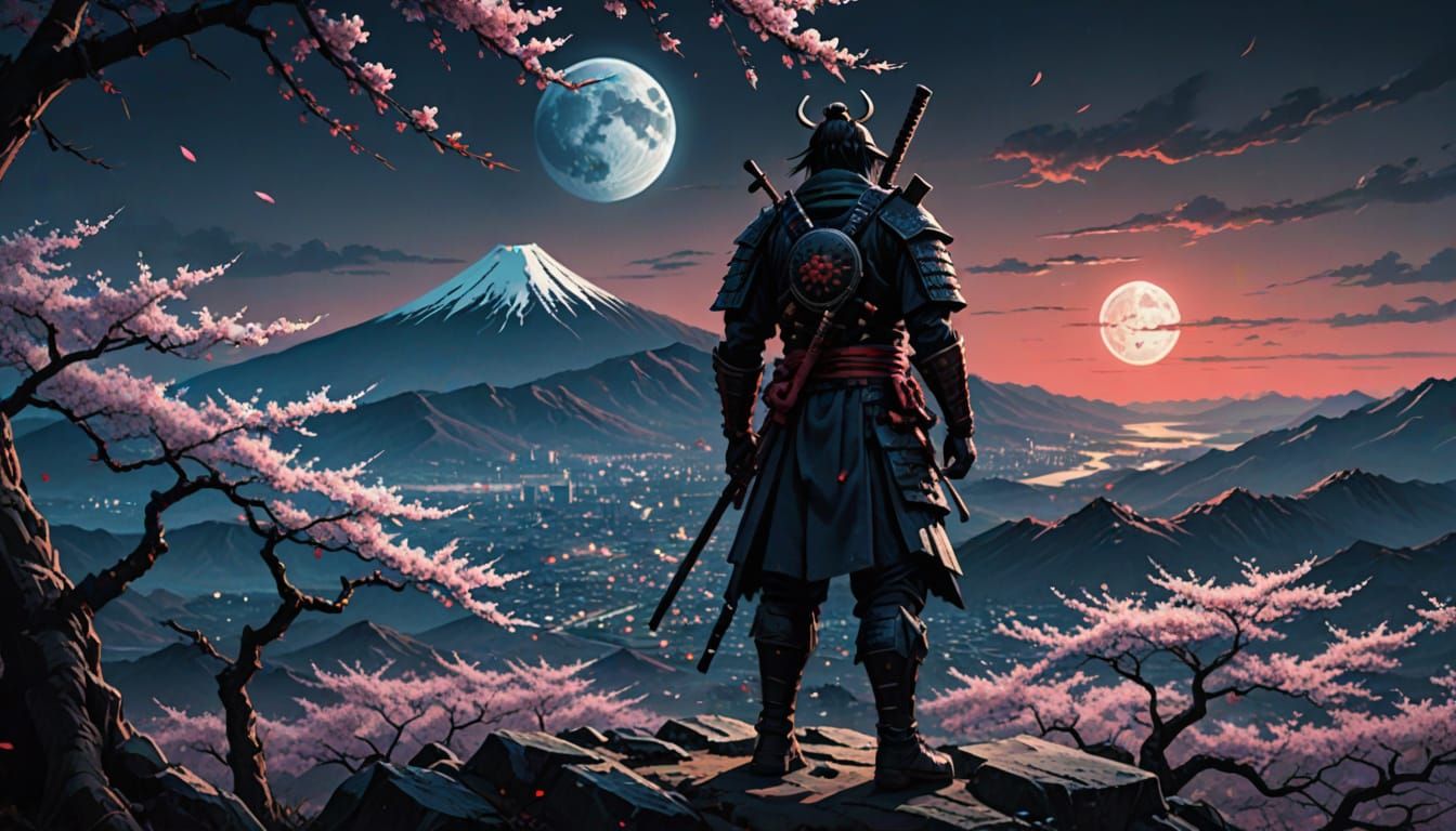 Ronin on Mountain with Cherry Blossoms, Greg Rutkowski Style