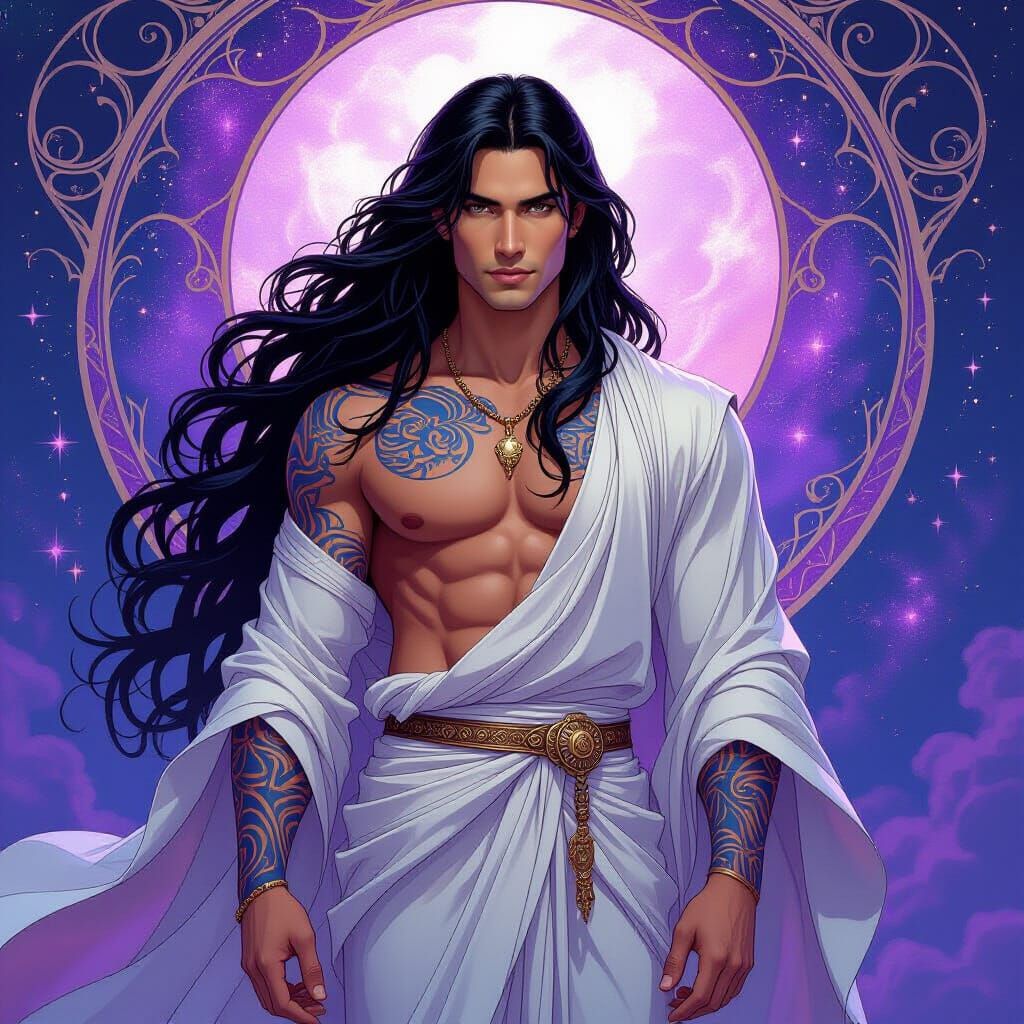 Celestial Demigod with Cosmic Tattoos in Art Nouveau Style