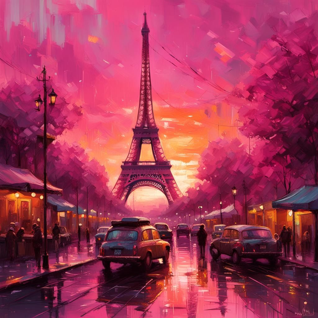 Pink Eiffel Tower Sunset: Detailed Matte Painting