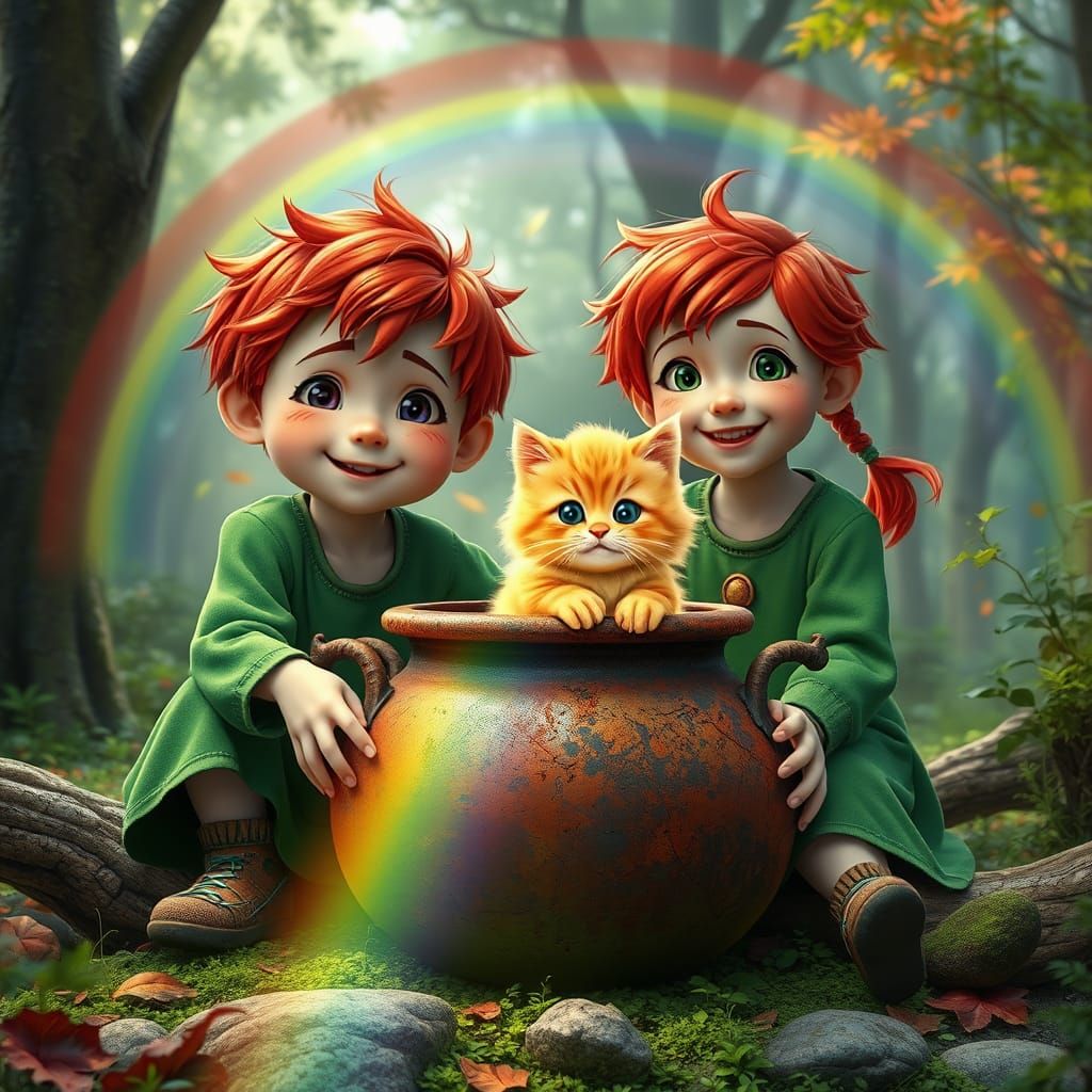 Whimsical Rainbow Scene with Magical Kitty and Children