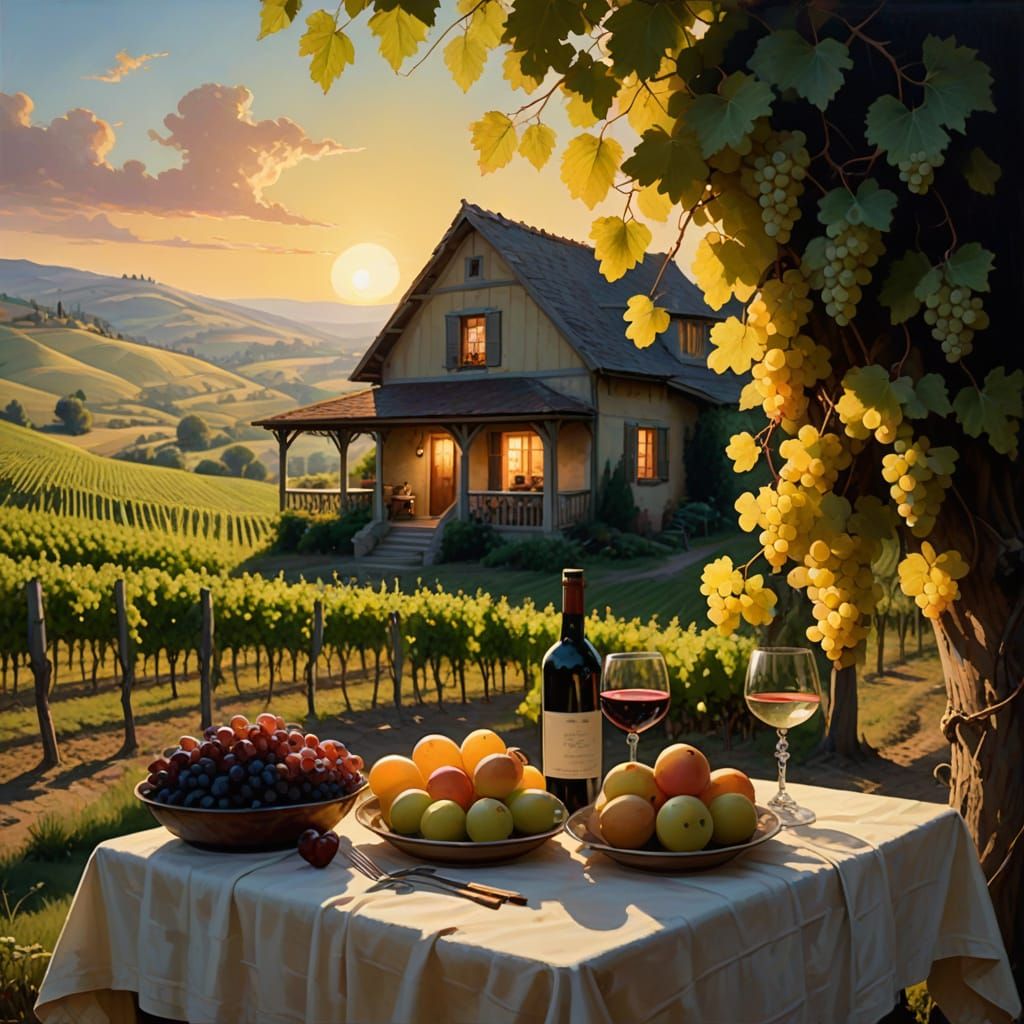 Vineyard Cottage in Summer Sunset, Oil Glazing Style