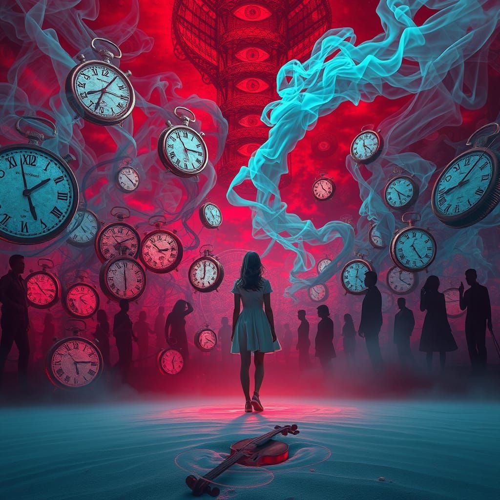 Surreal Dreamscape with Melting Clocks and Crimson Sky