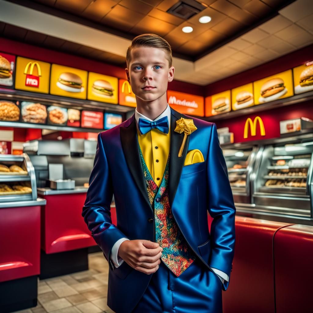 Hyperrealistic Greg Heffly in McDonald's, HDR