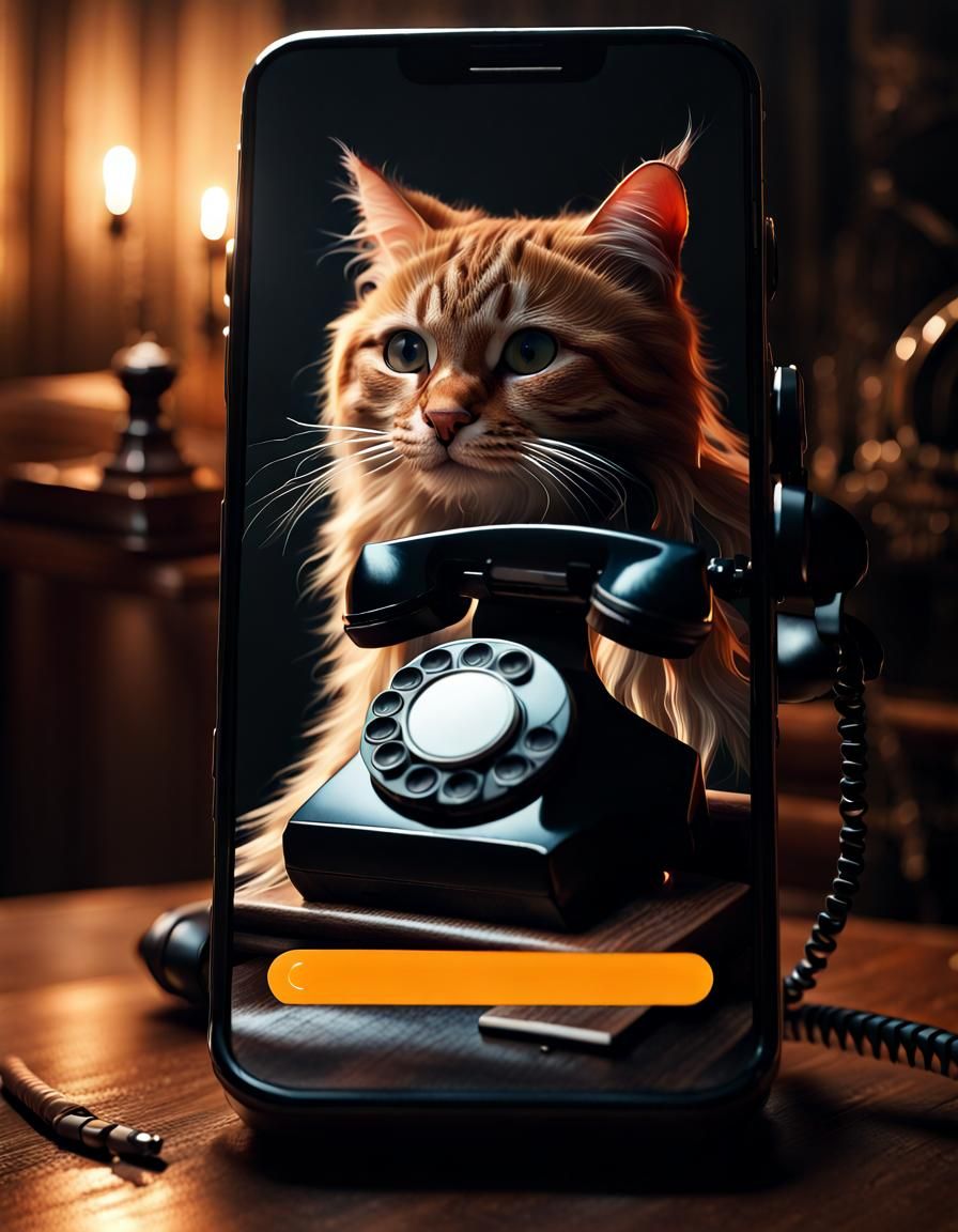 Singing Cat on Phone Screen, Dark Fantasy Art