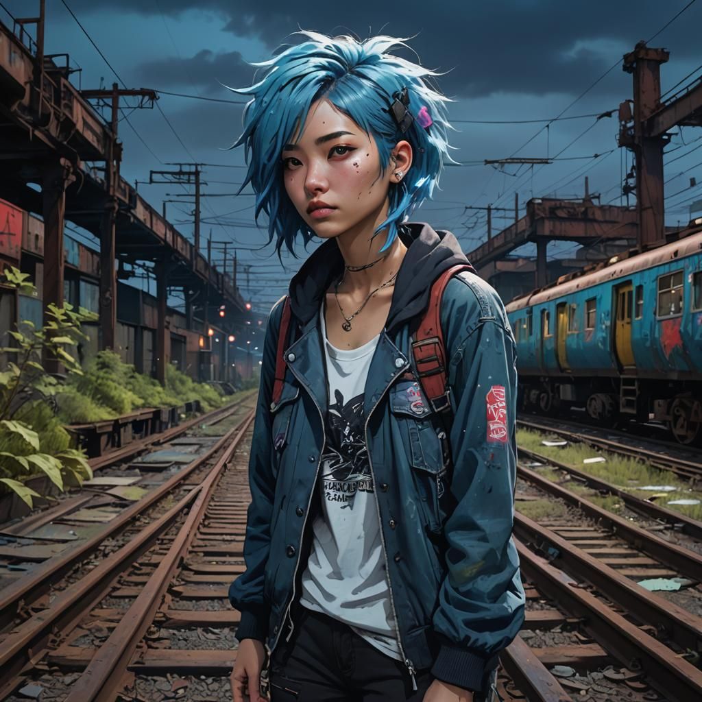 Blue-Haired Woman in Rail Yard, Art Nouveau Style