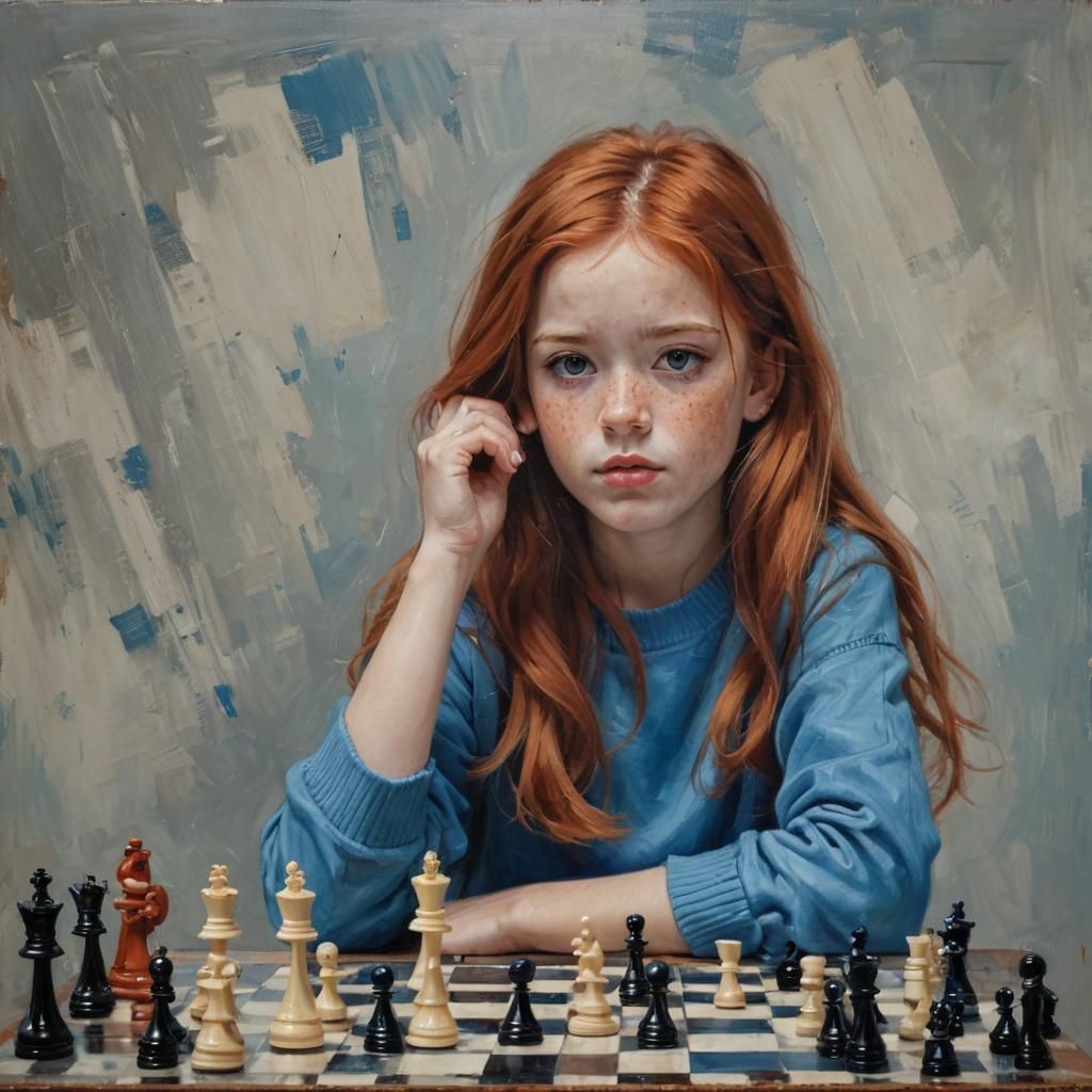 Girl with Red Hair Playing Chess, Oil Painting