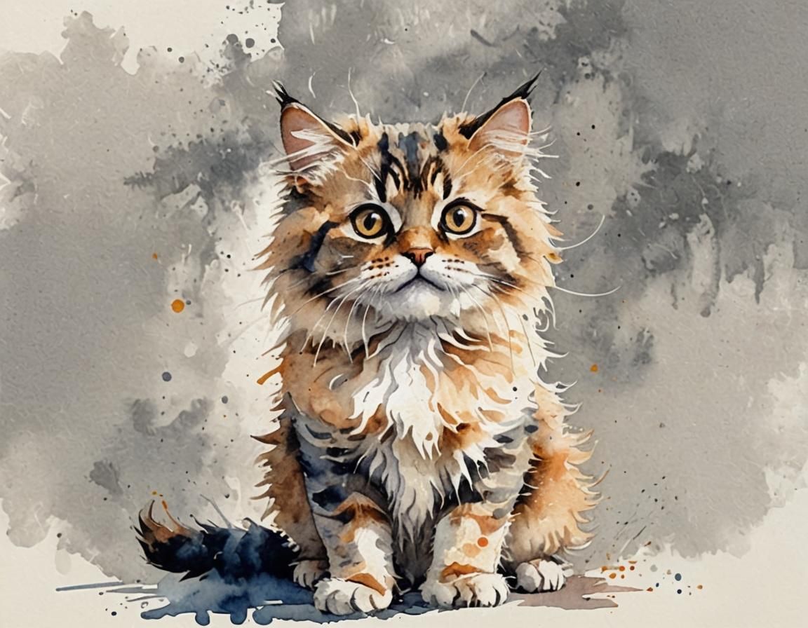 Watercolor Illustration of a Scruffy Calico Cat