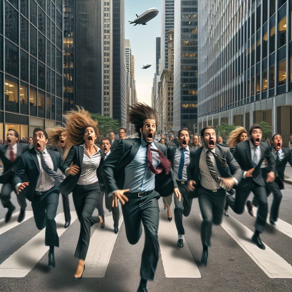 Businessmen Panic as UFO Approaches City: Humorous Scene