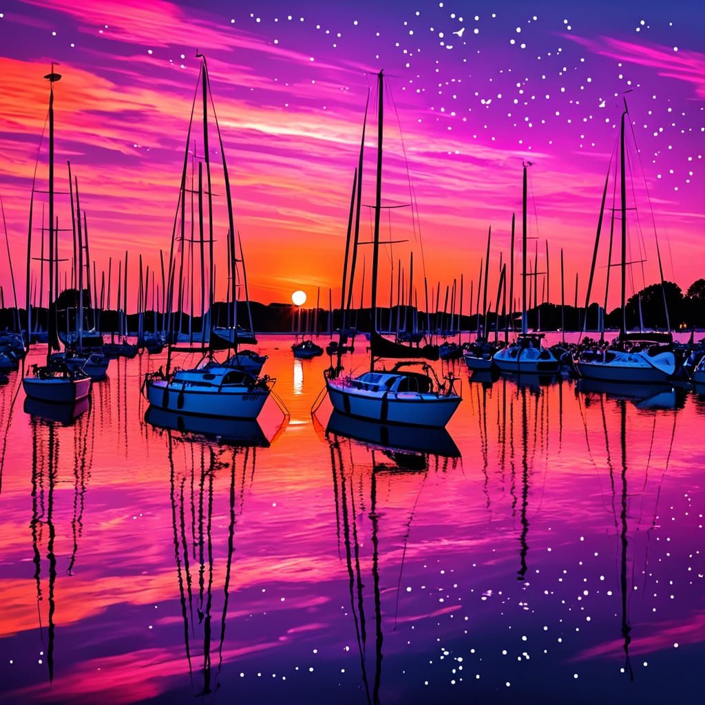 Neon Sunset with Sailboats and Moonlight