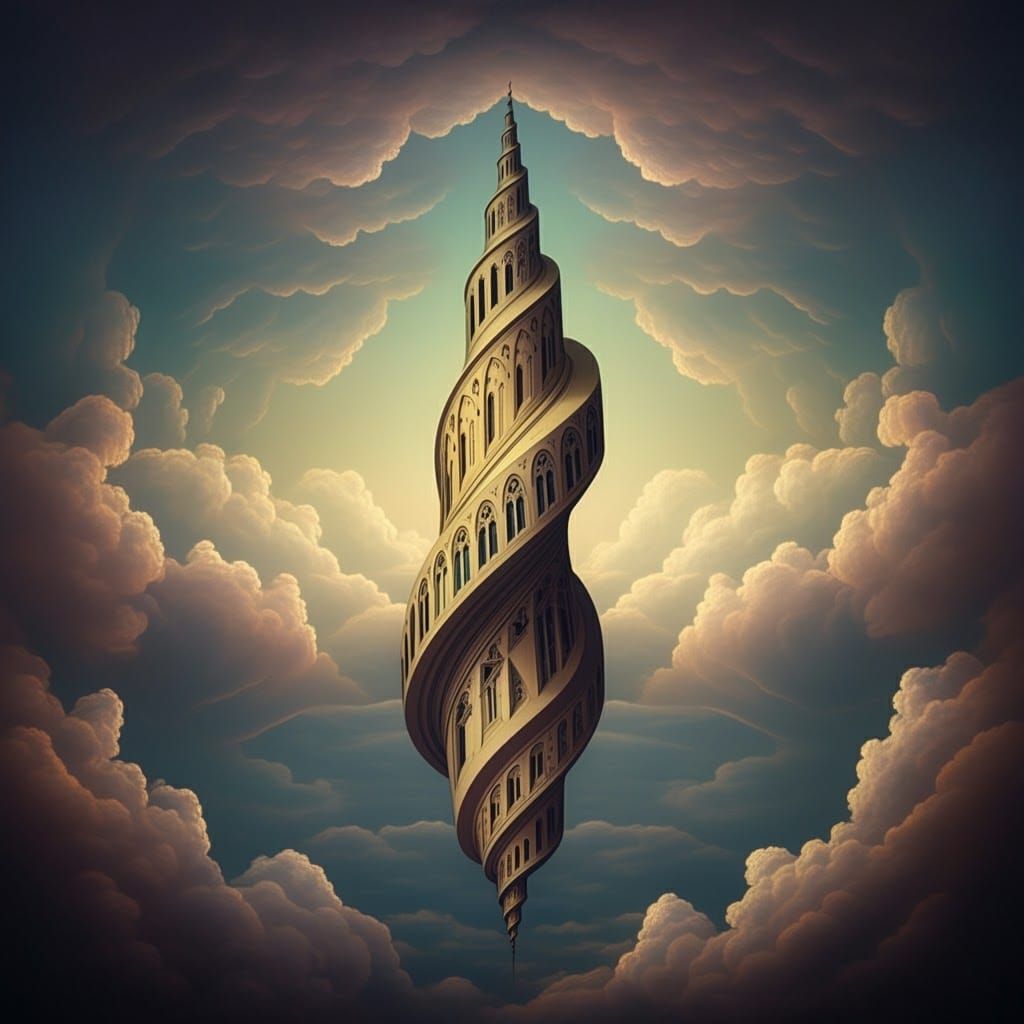 Surreal Impossible Tower in Dreamlike Landscape