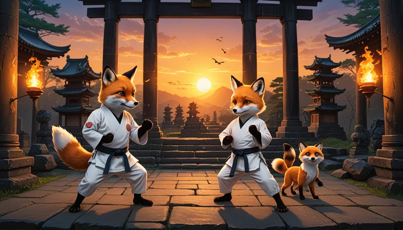 Fox Karate Masters at Sunset in Temple Ruins