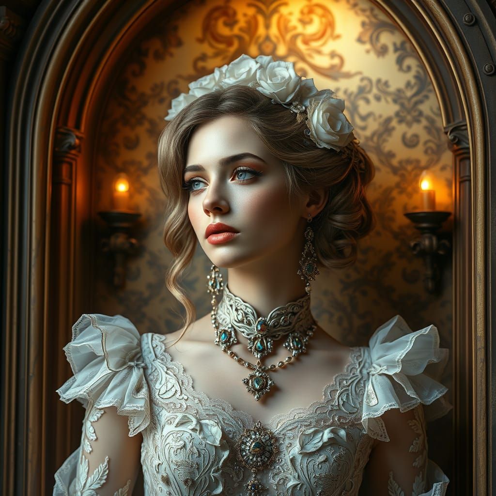 Ornate Portrait of Woman in Alcove, Splash Art Style