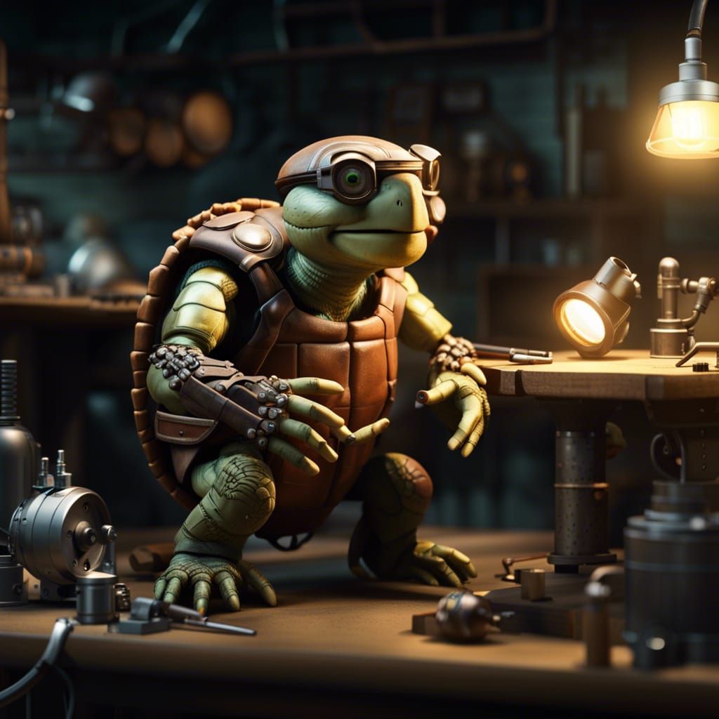 Tortle Artificer in Workshop with Robot, Dark Fantasy
