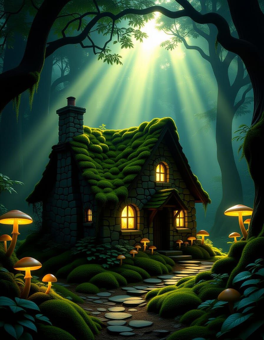 Enchanted Forest Cottage with Glowing Mushrooms