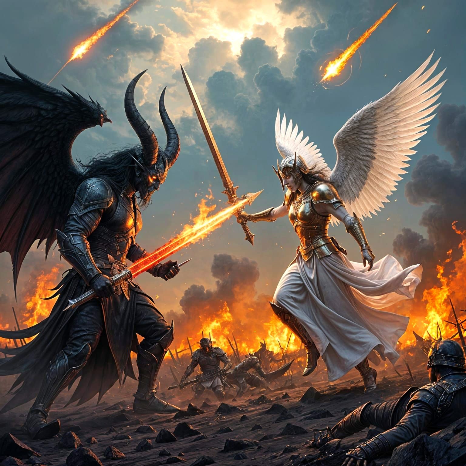 Epic Battle: Angel and Demon Clash in Fiery Landscape
