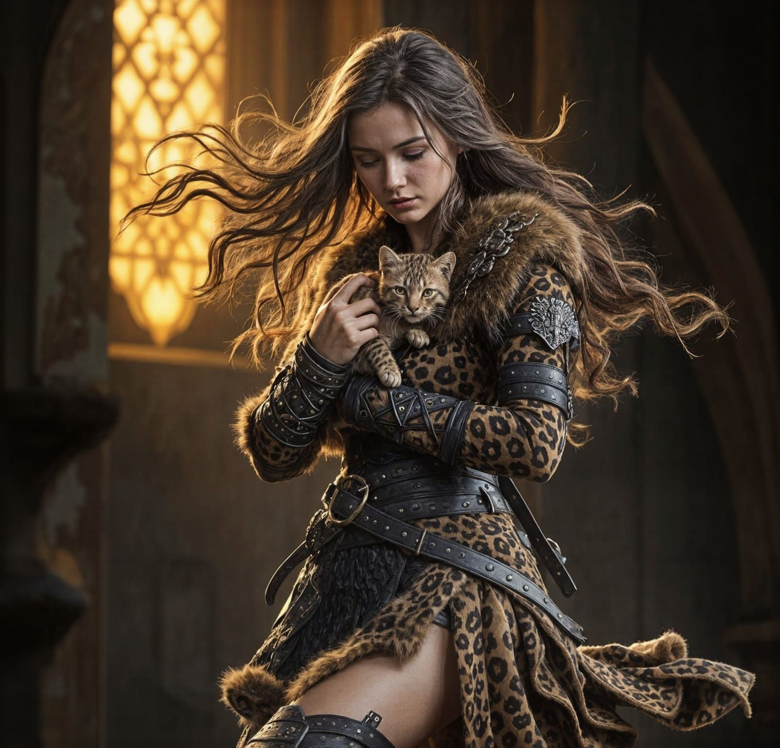 Warrior Queen with Kitten in Hyperrealistic Style