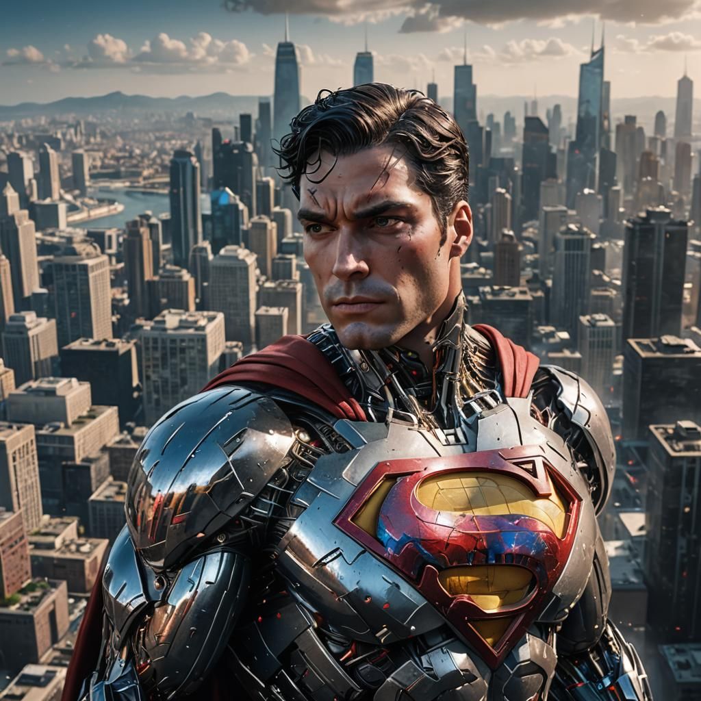 Cyborg Superman in Futuristic City, Hyperrealistic Render