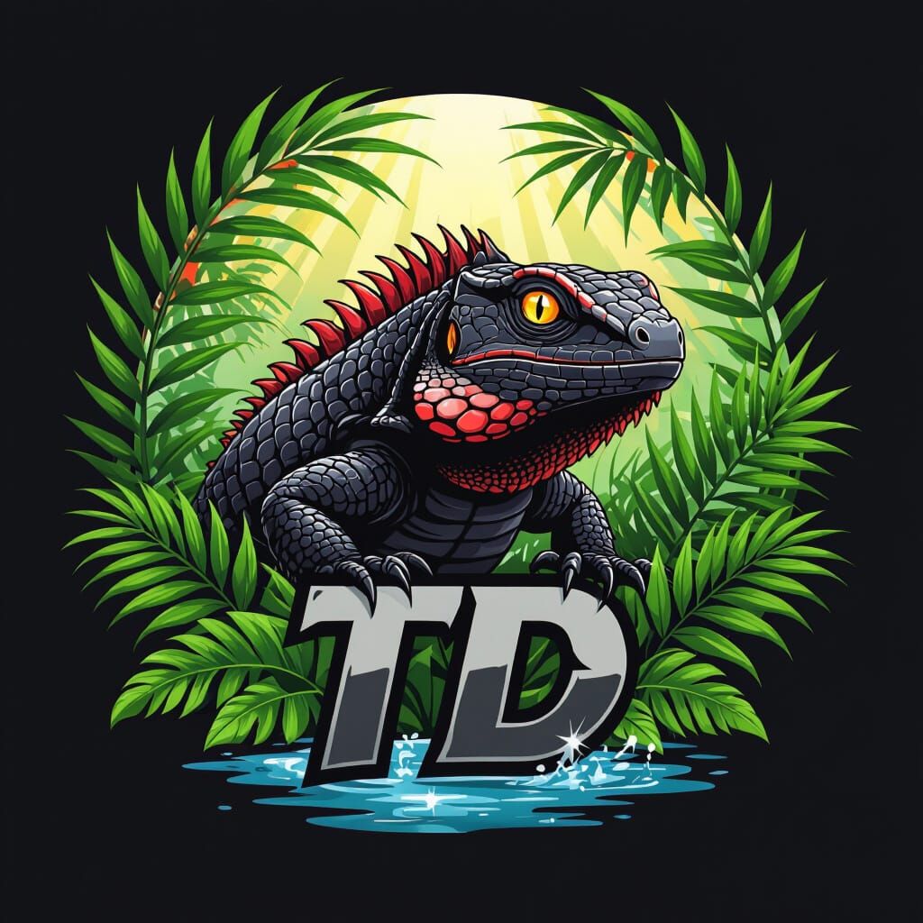Realistic Varanus Rudicolis Logo with Tropical Leaves