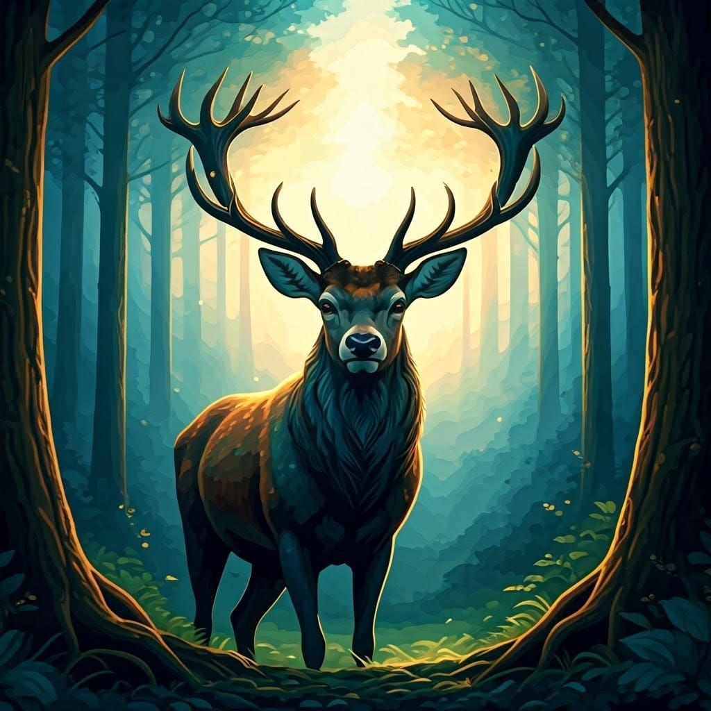 Regal Stag in Vibrant Dawn Woodland Scene