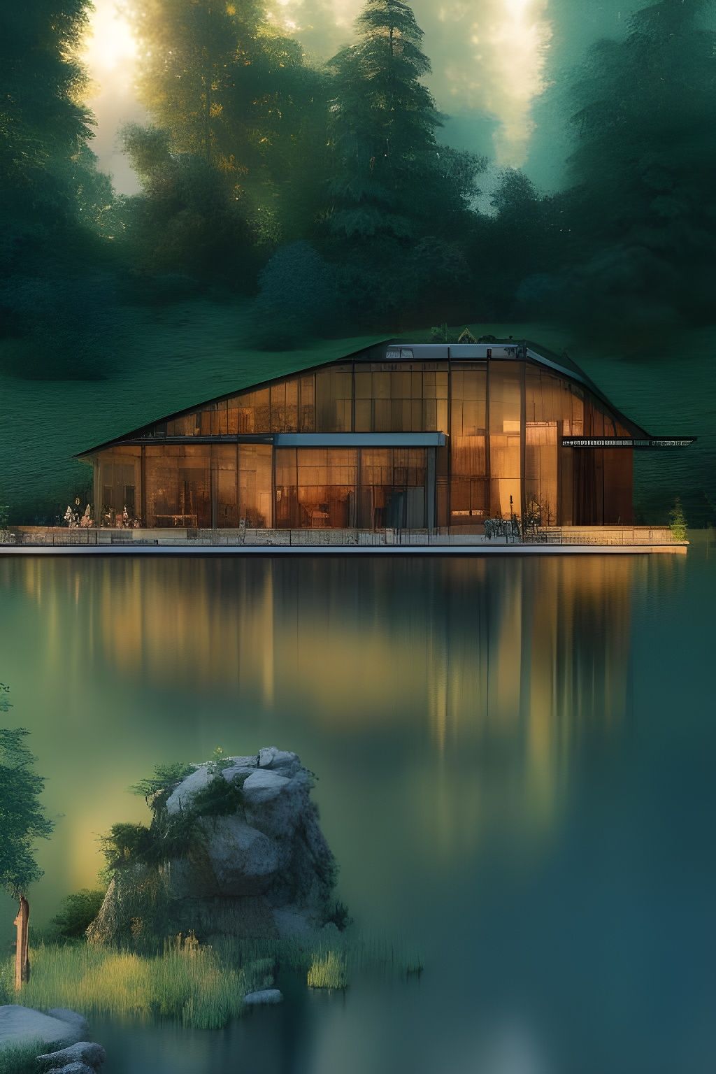 Glass house on the lake
