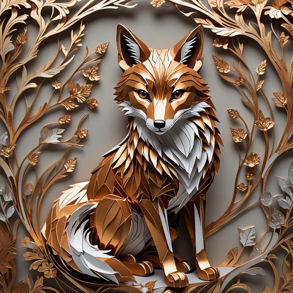 Metallic Kirigami Fox Sculpture with Shimmering Folds
