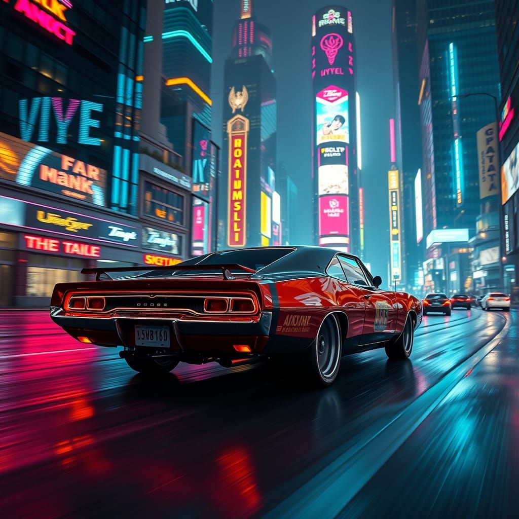 Cyberpunk 1969 Dodge Charger Daytona Races Through City
