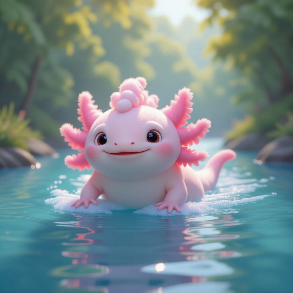 Cotton Candy Axolotl Floating Down River in Pixar Style