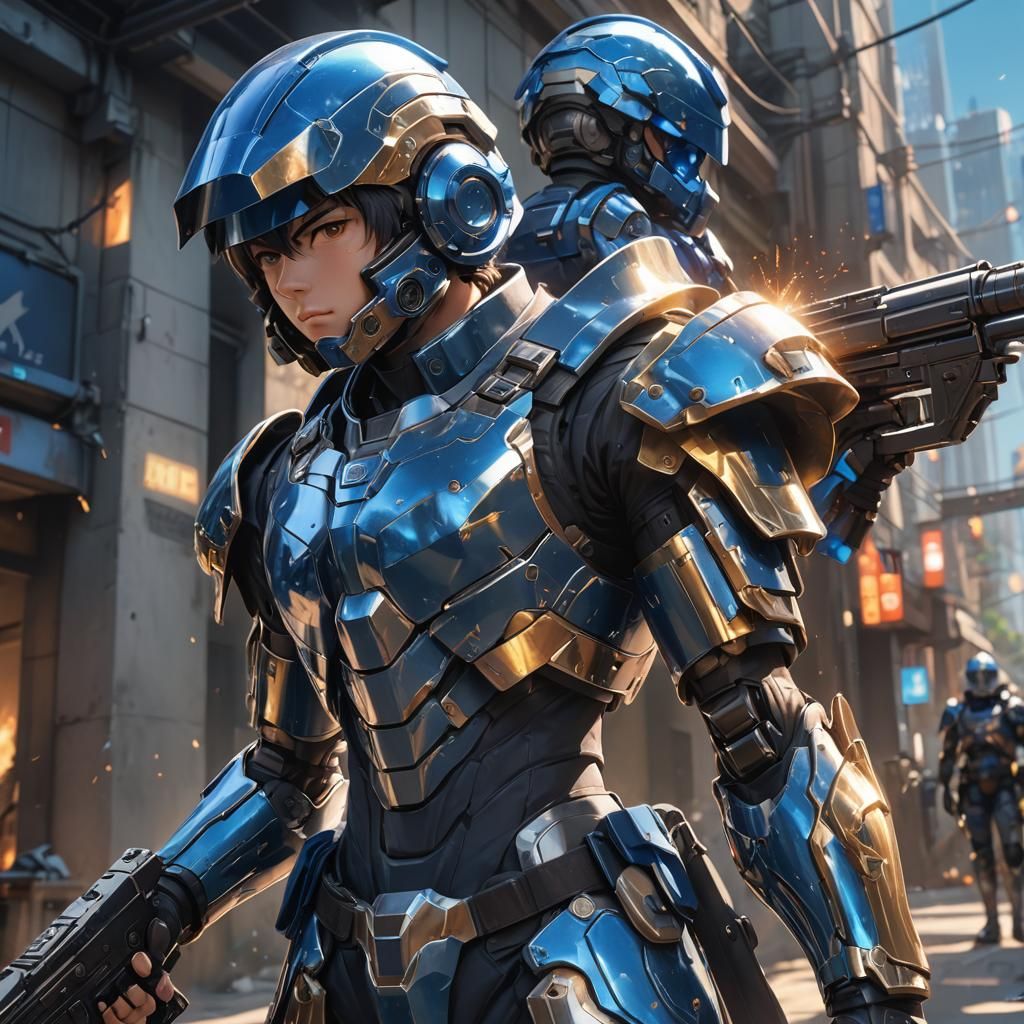 Anime Boy in Armor Holding Gun in 3D