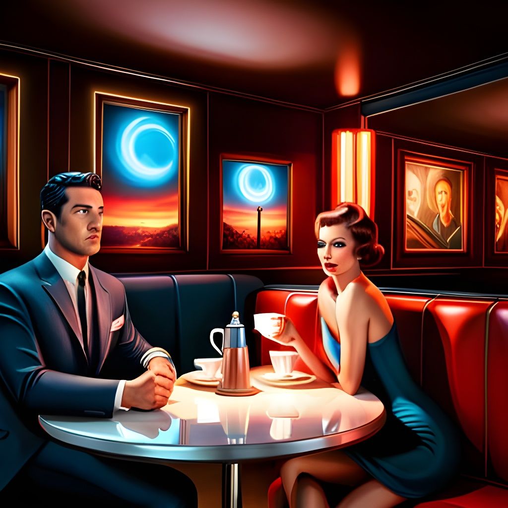 1960s Diner Night Scene: Man and Woman with Laptops