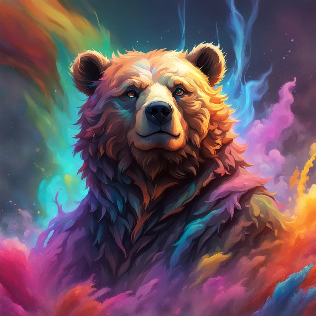 Rainbow Smoke Bear Cub Portrait in Artstation Style