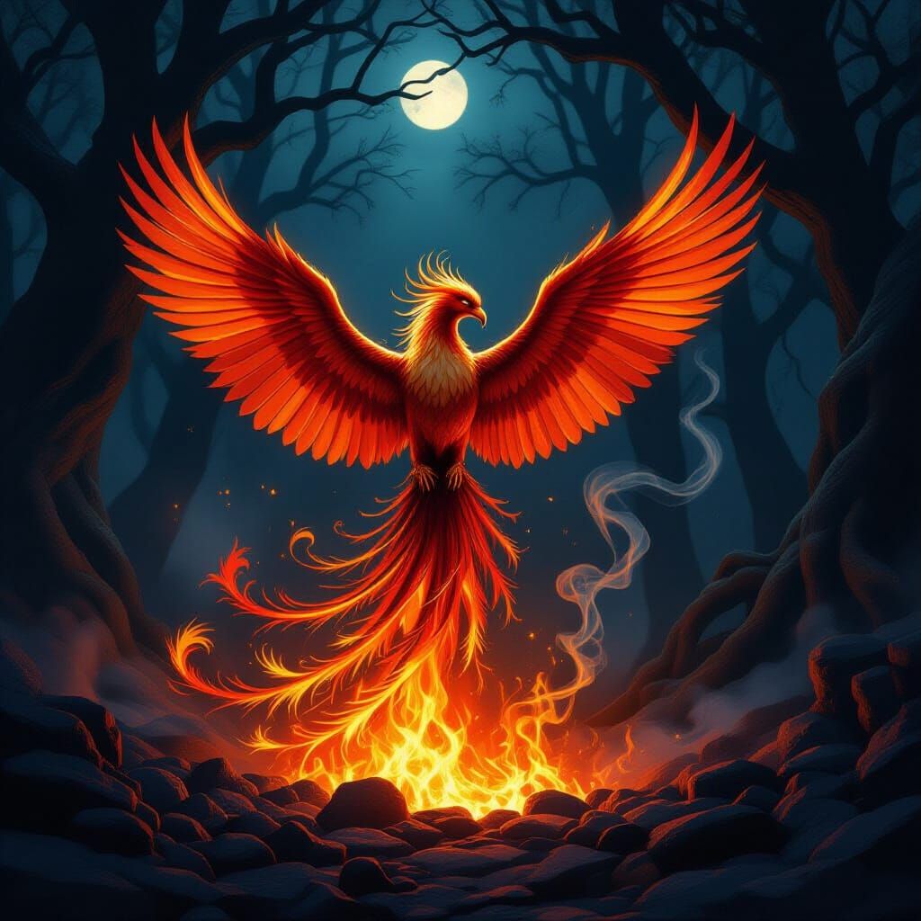 Majestic Phoenix Rises From Embers in Enchanted Forest