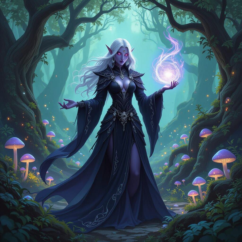 Drow Sorceress Summons Dragon in Dark Fantasy Style