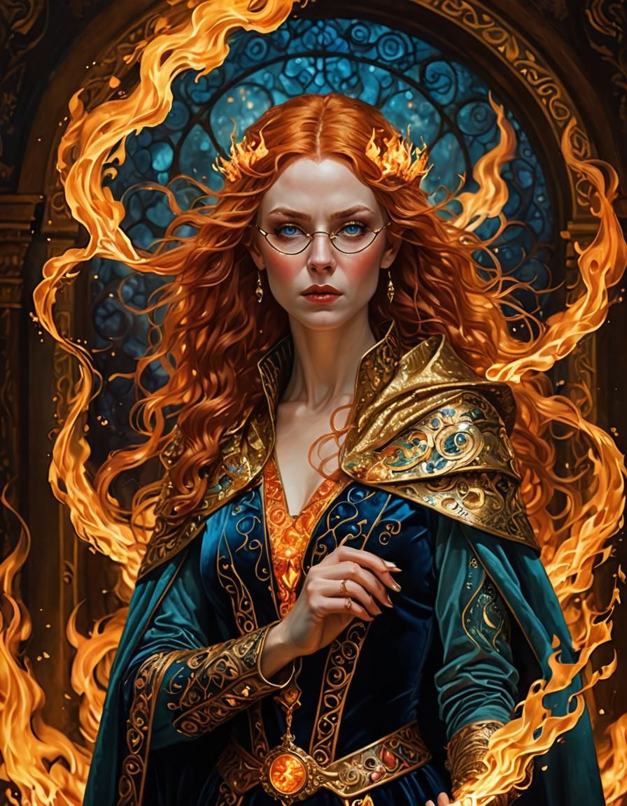 Fiery Elven Sorceress in Gustav Klimt Style