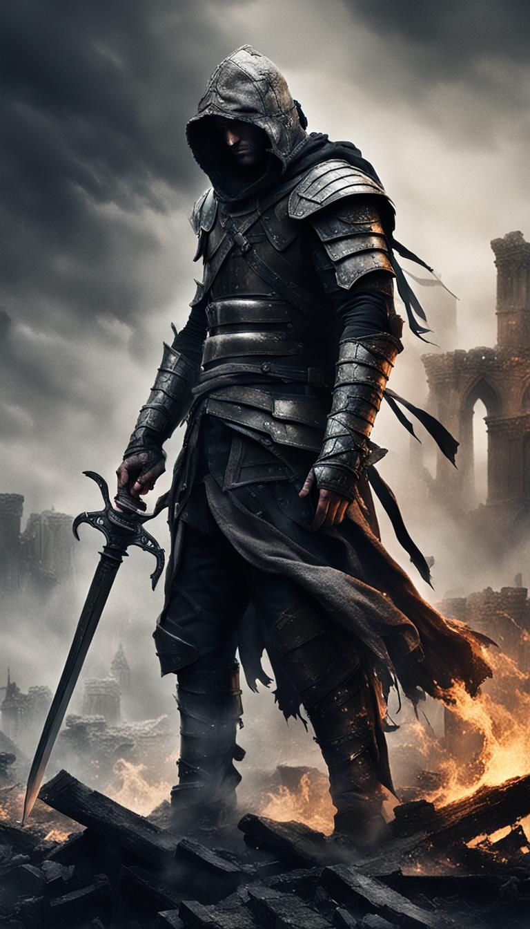 Warrior Kneels in Smoldering Ruins