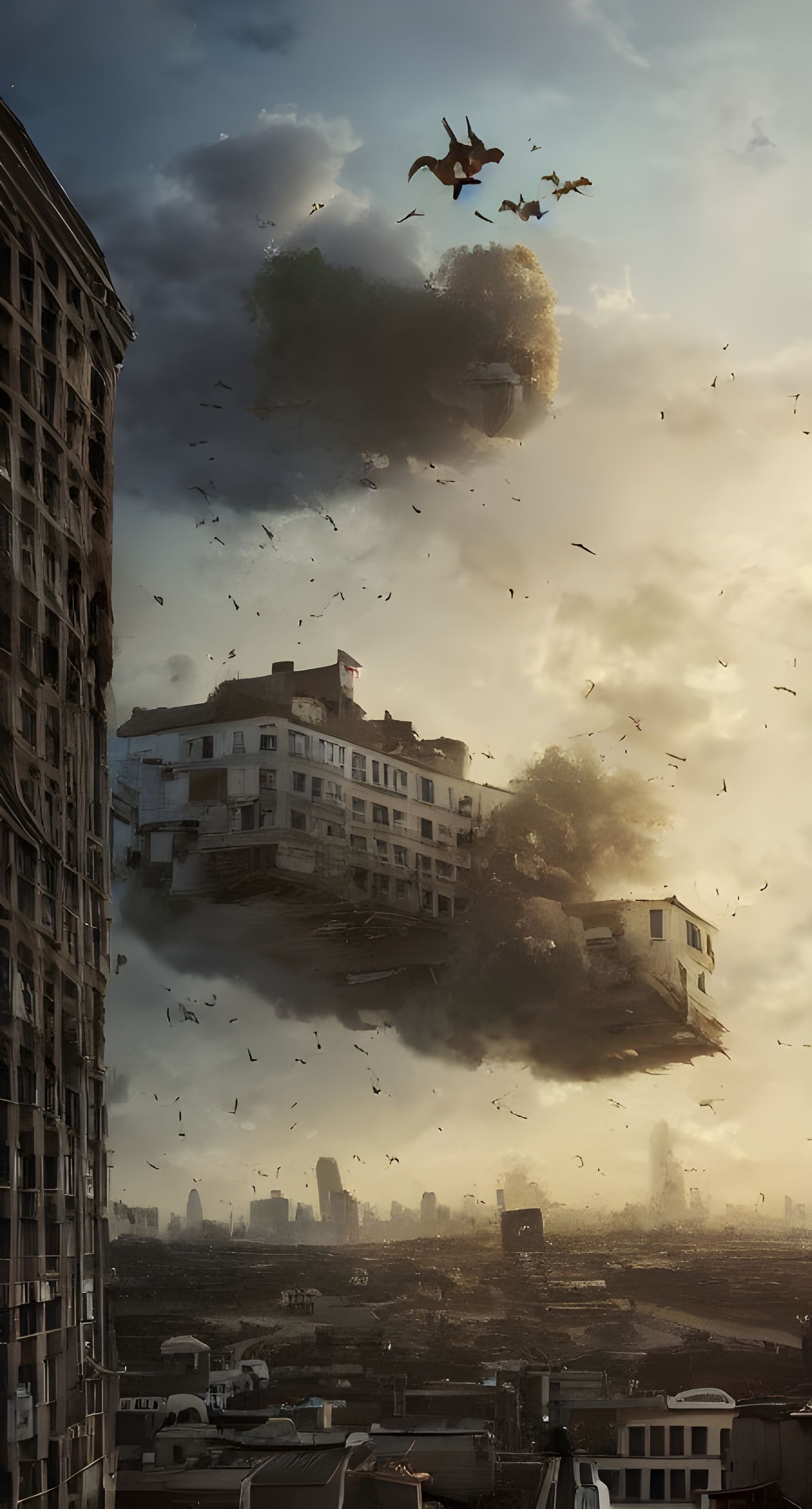 Town Storm: Buildings Floating in the Air at Dawn