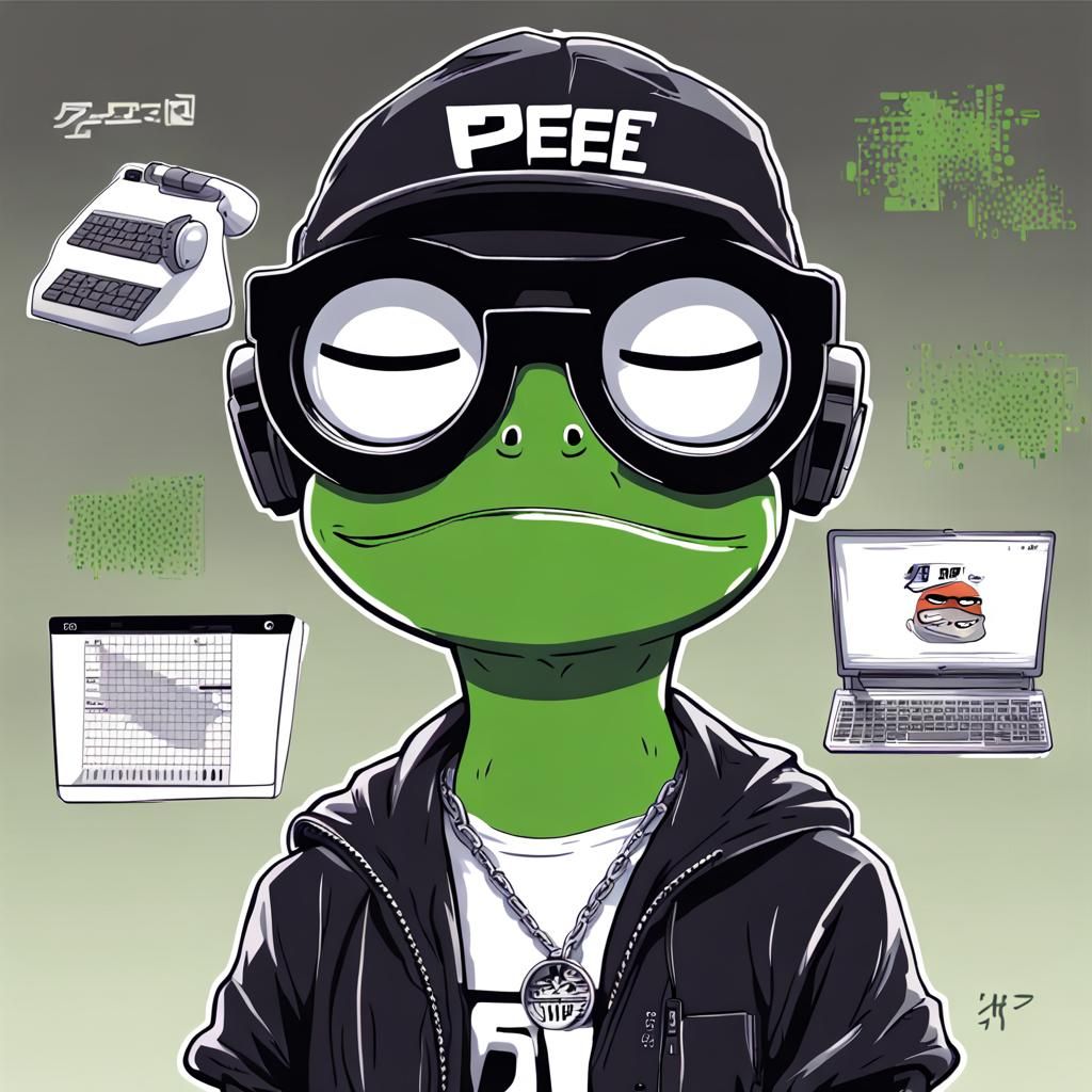 Make a meme of pepe the frog with computer/programming code as background and so pepe wears a t shirt where it says 1337...