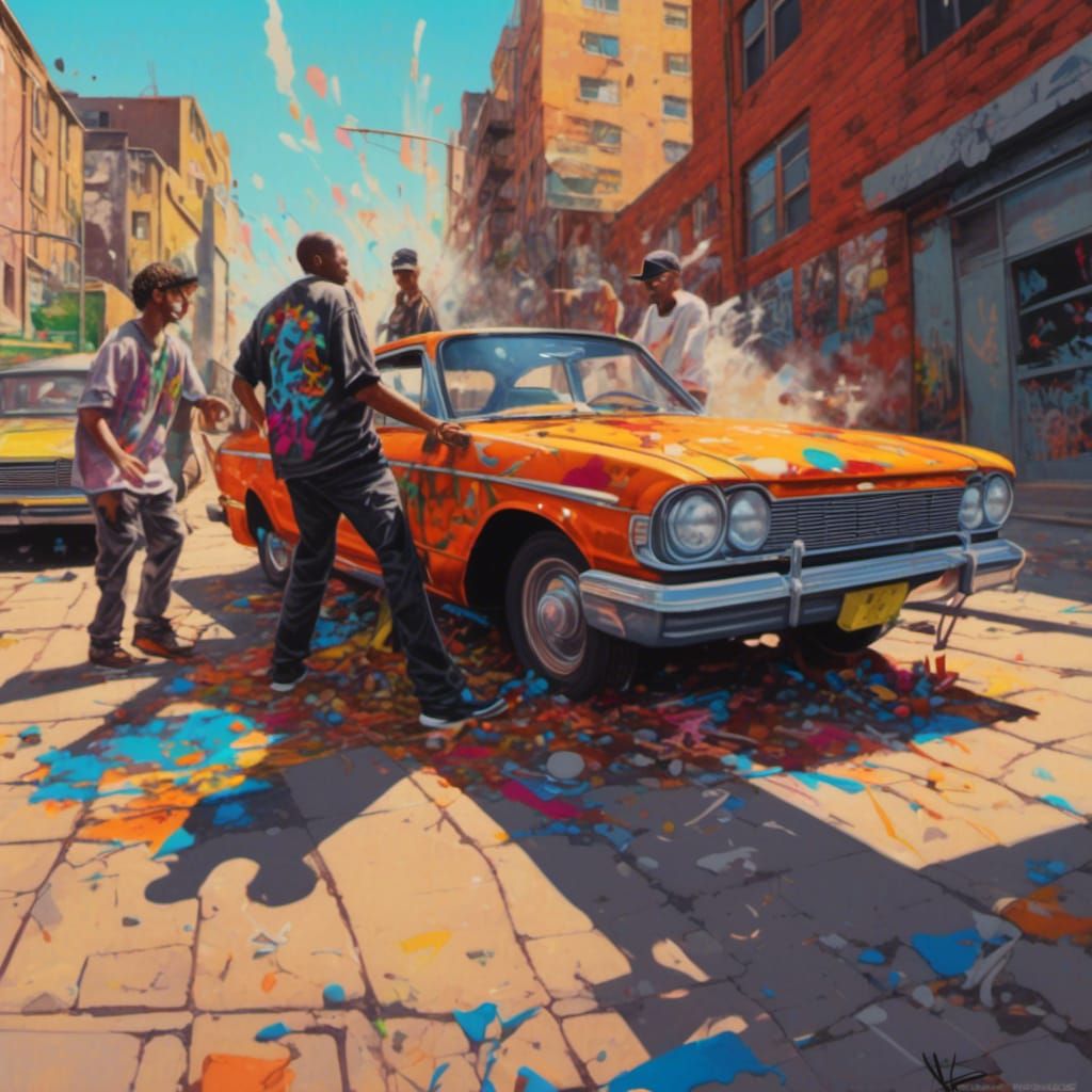 Men Pushing Car in Hyperrealistic Graffiti Art
