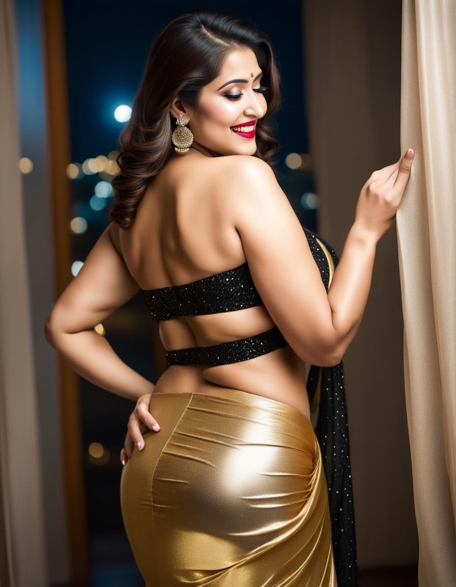 Attractive Woman in Glittering Saree Under Moonlight