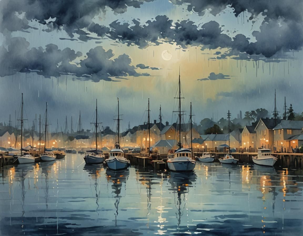 Peaceful Harbor at Blue Hour in Gouache Style