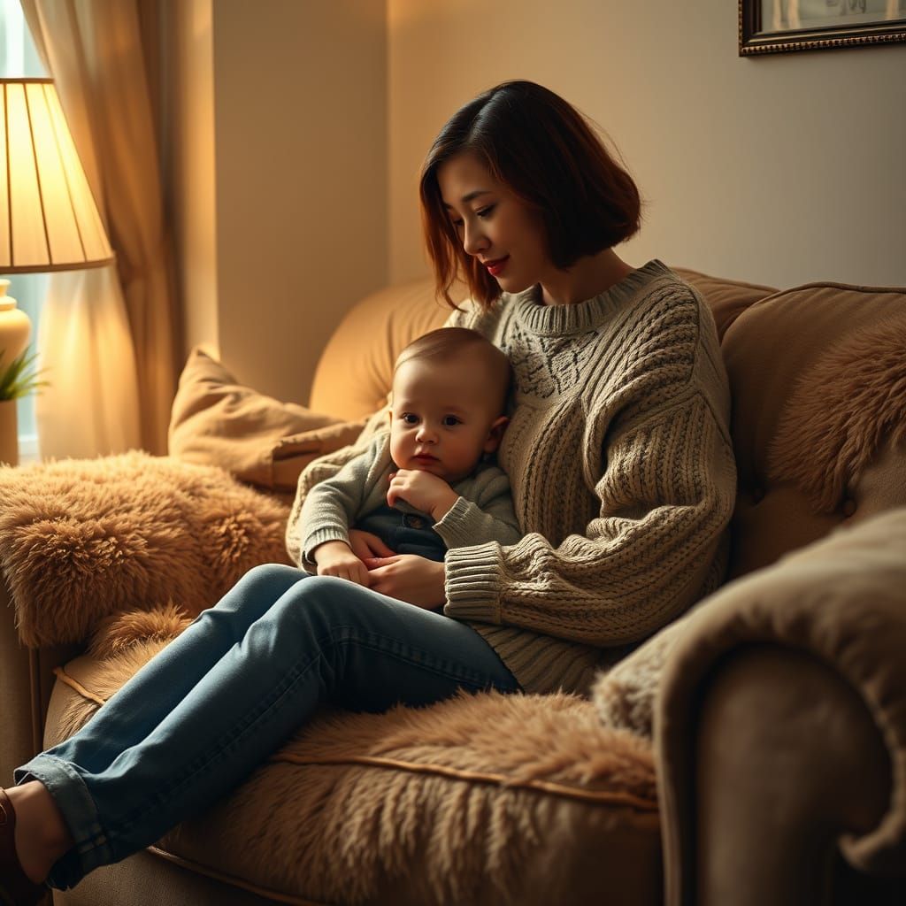 Mother and Child Share Intimate Moment in Cozy Domestic Scen...