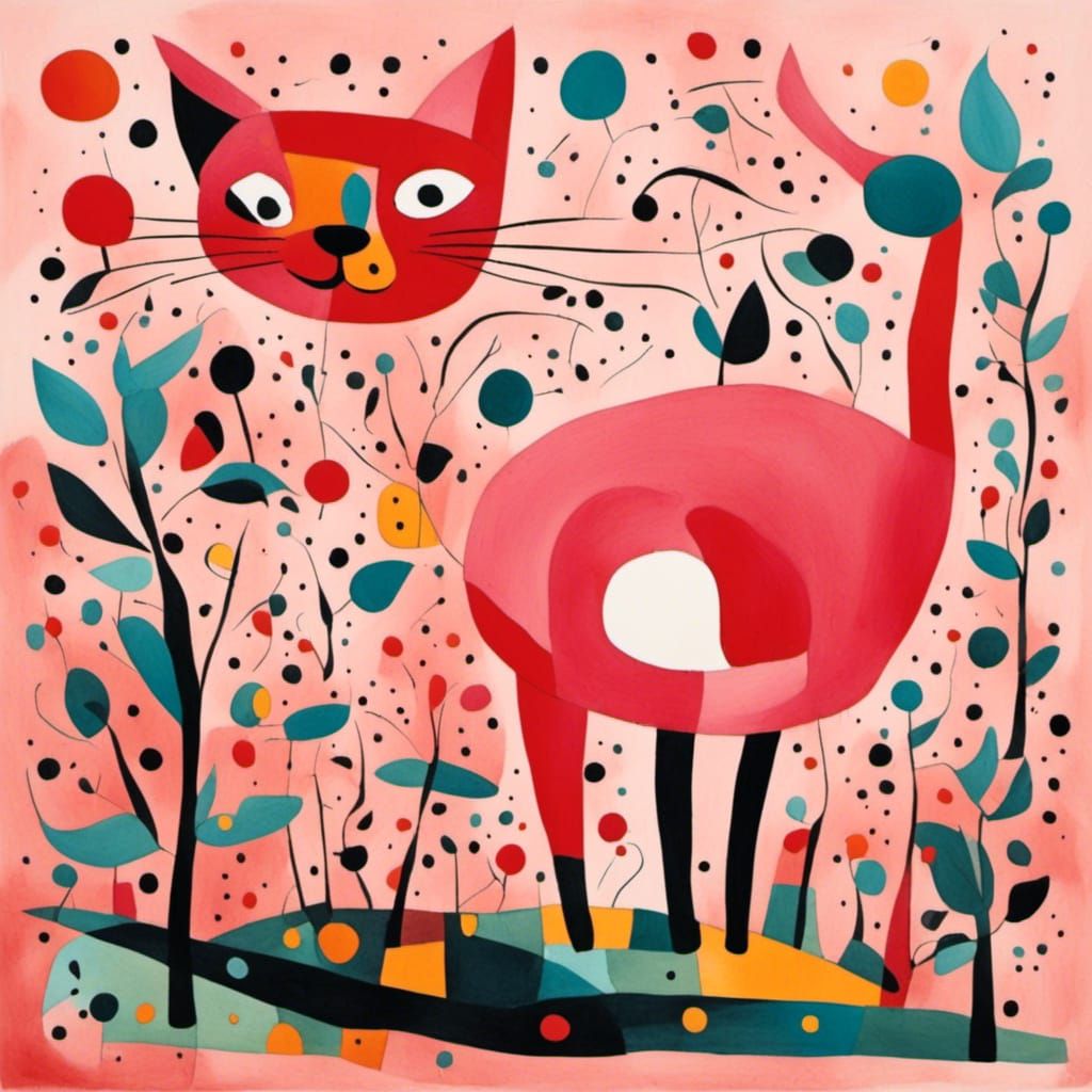 Minimalist Watercolor Pink Cat on Red Background