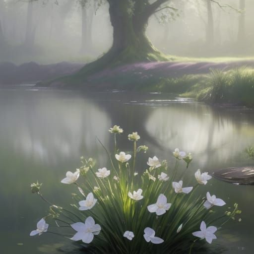 Single Flower by Riverbank in Dramatic Light